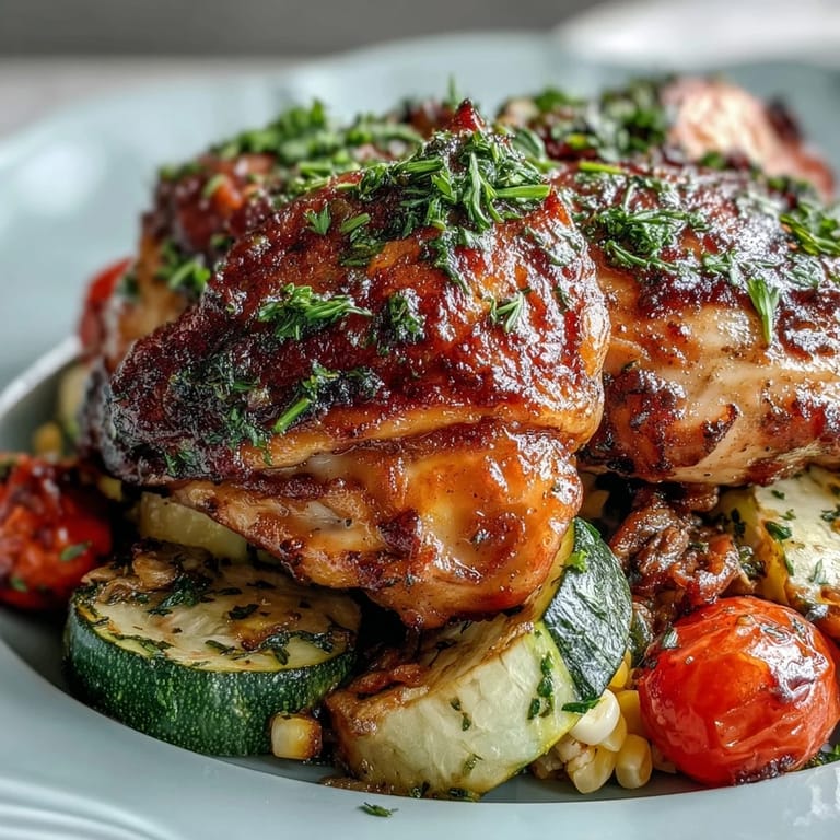 Colorful sheet pan chicken with zucchini and sweet corn, drizzled with lemon-herb marinade for a healthy dinner.