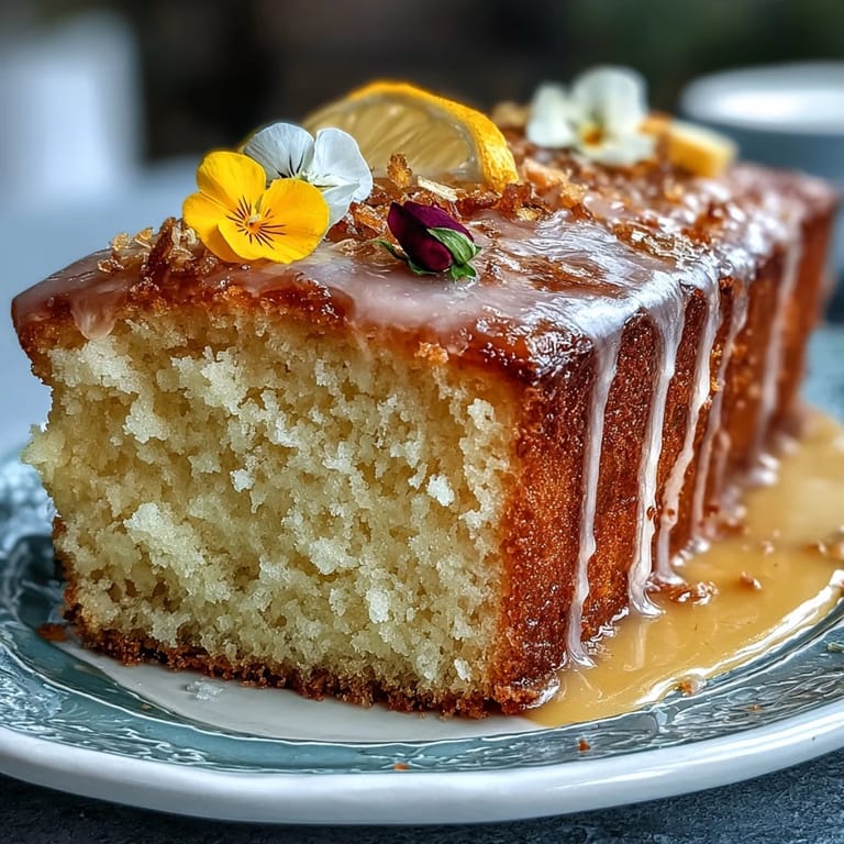 Moist lemon cake drizzled with citrus glaze, decorated with colorful edible flowers for a stunning Mothers Day dessert centerpiece.  