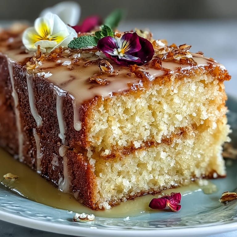 Zesty lemon drizzle cake with lemon icing and edible flower decorations, perfect for a special Mothers Day celebration treat.