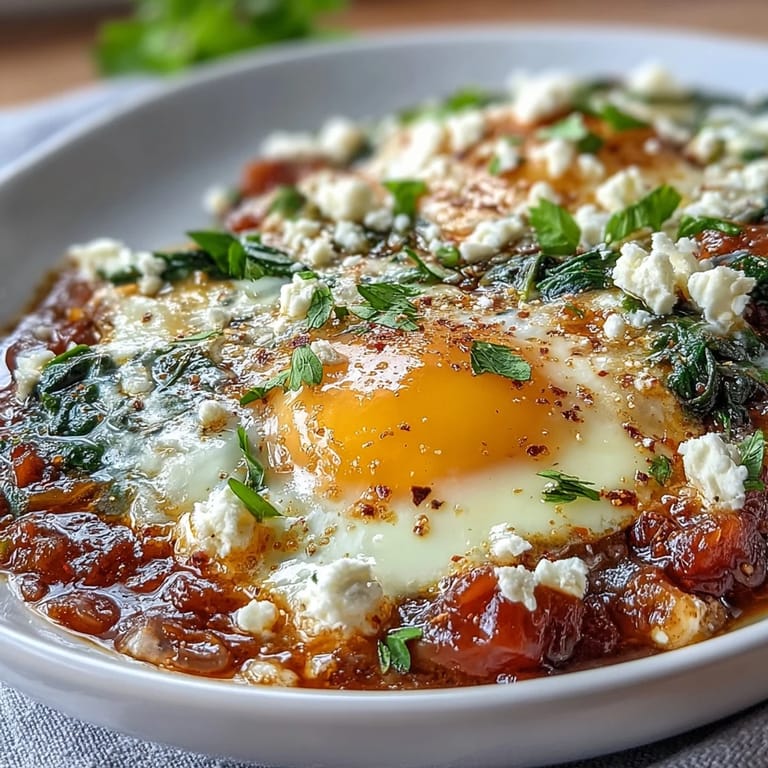 A hearty vegetarian breakfast featuring creamy feta and runny egg yolks nestled in a fragrant, smoky tomato and spinach base.