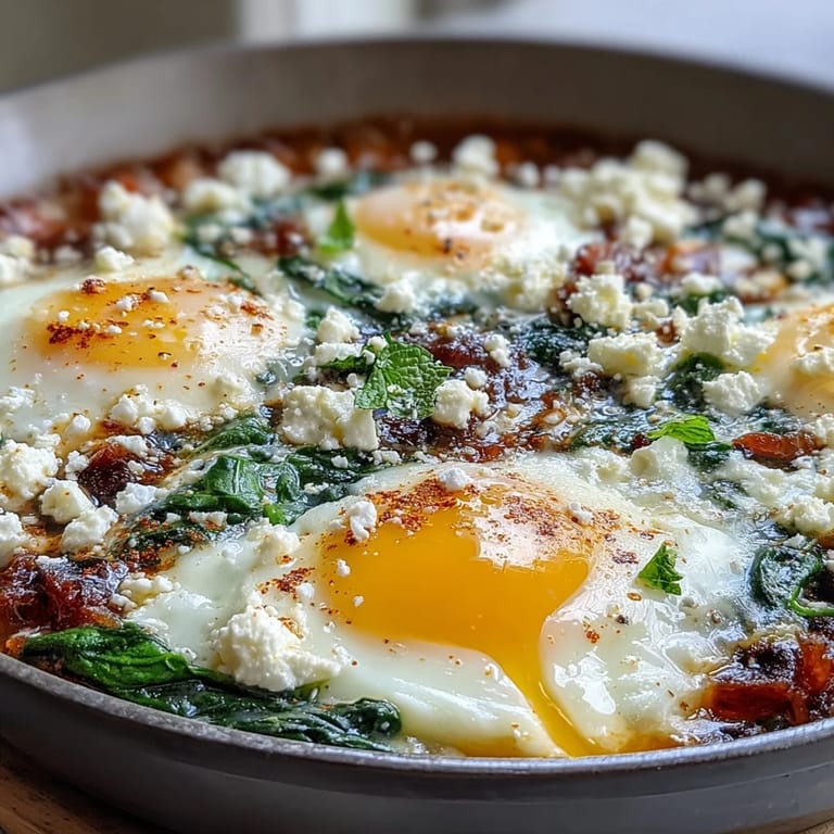 A colorful Middle Eastern shakshuka with bright red sauce, fresh greens, and golden egg yolks, topped with crumbled white cheese.