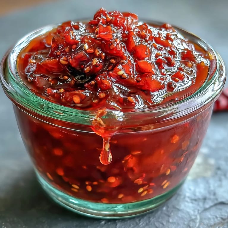 A jar of homemade fermented hot sauce with fresh chili peppers, garlic, and carrot slices submerged in brine during the week-long fermentation process.  