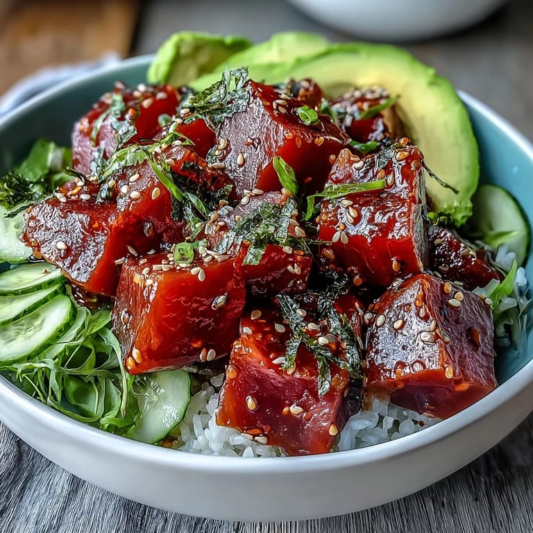 Fresh Spring Tuna Poke Bowl with sushi rice, avocado, and edamame, garnished with nori and sesame seeds.  