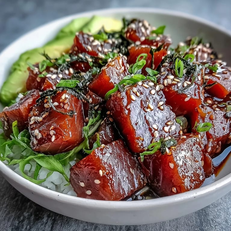Colorful Spring Tuna Poke Bowl featuring tender tuna, julienned carrot, and pickled ginger for a refreshing meal.