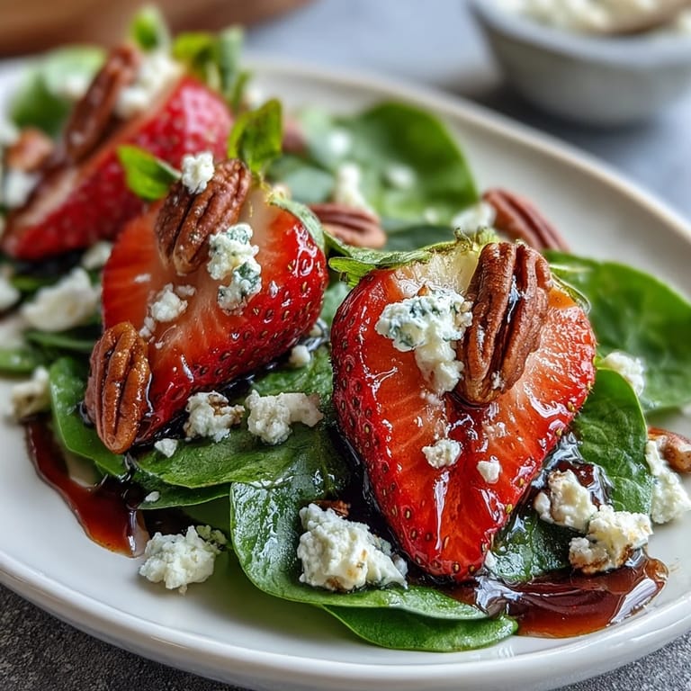 Colorful spring salad featuring juicy strawberries, baby spinach, and crunchy nuts, topped with a sweet balsamic dressing.  