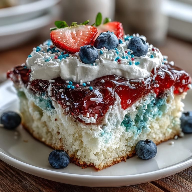 Festive patriotic poke cake featuring red and blue gelatin poured into a white cake base, finished with creamy whipped topping and colorful sprinkles.