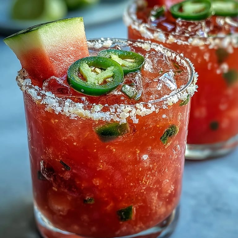 Celebrate with this alcohol-free watermelon margarita, blending juicy fruit and spice for a festive, zesty drink perfect for any occasion.  