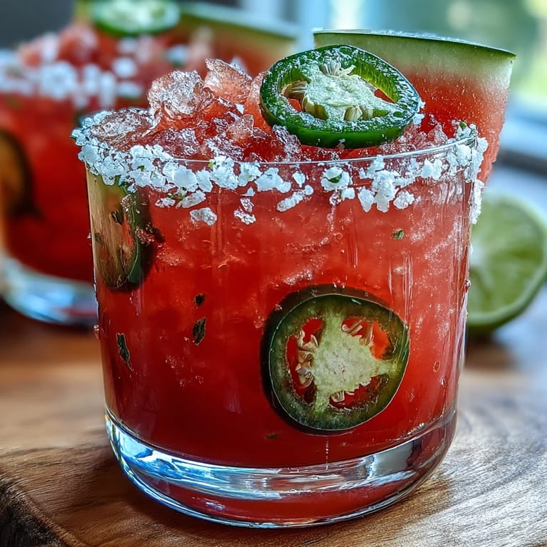 This Cinco de Mayo Watermelon Jalapeño Margarita Mocktail features bright pink watermelon juice, lime, and a hint of heat, garnished with fresh lime and melon.