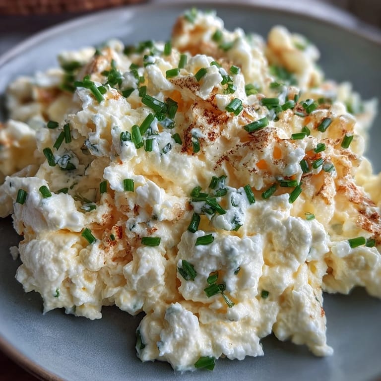 High-protein cottage cheese scrambled eggs with creamy texture, garnished with fresh chives, perfect for a nourishing morning meal.