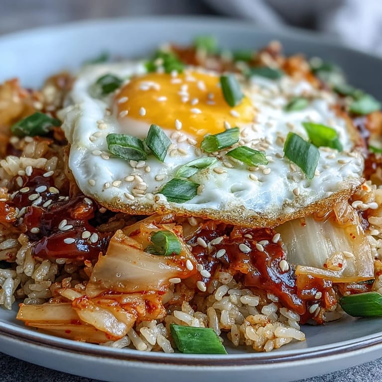 Aromatic Korean fried rice packed with tangy kimchi, crisp cabbage, and savory seasonings in a hot skillet.  