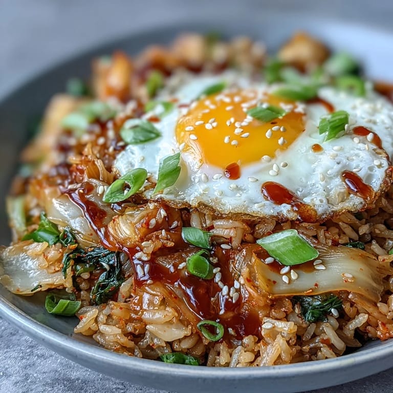 Vibrant kimchi cabbage fried rice topped with a runny egg, served in a bowl with fresh green onions.