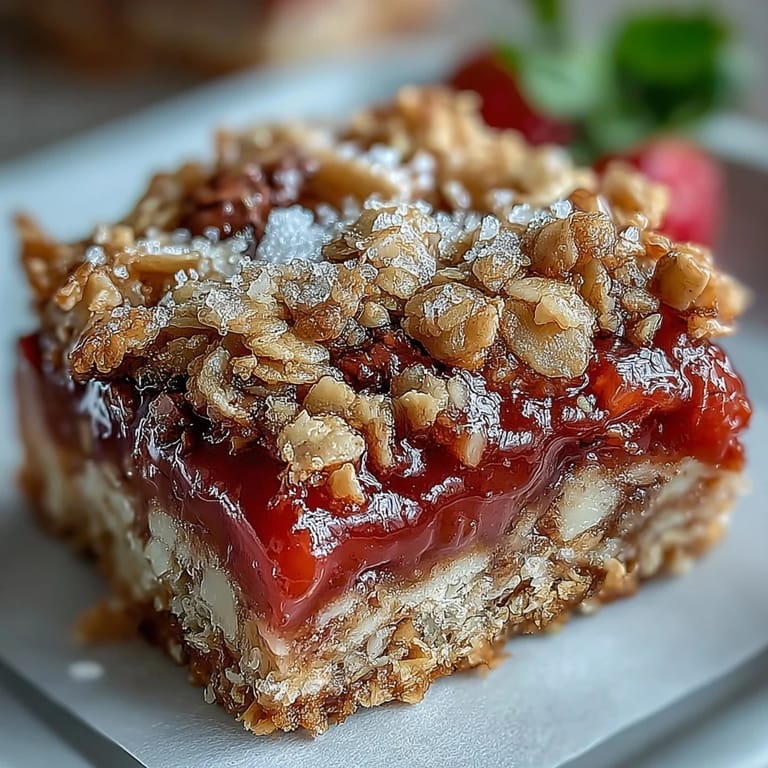 Buttery crumble bars layered with sweet strawberries and tart rhubarb, ideal for summer picnics and potlucks.