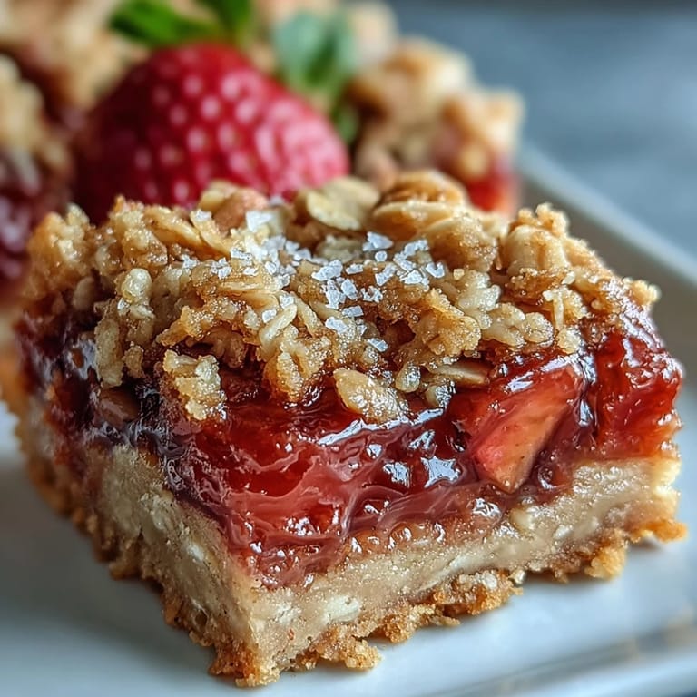 Golden-baked Strawberry Rhubarb Crumble Bars with crisp oat topping and bubbling fruit center, served warm.