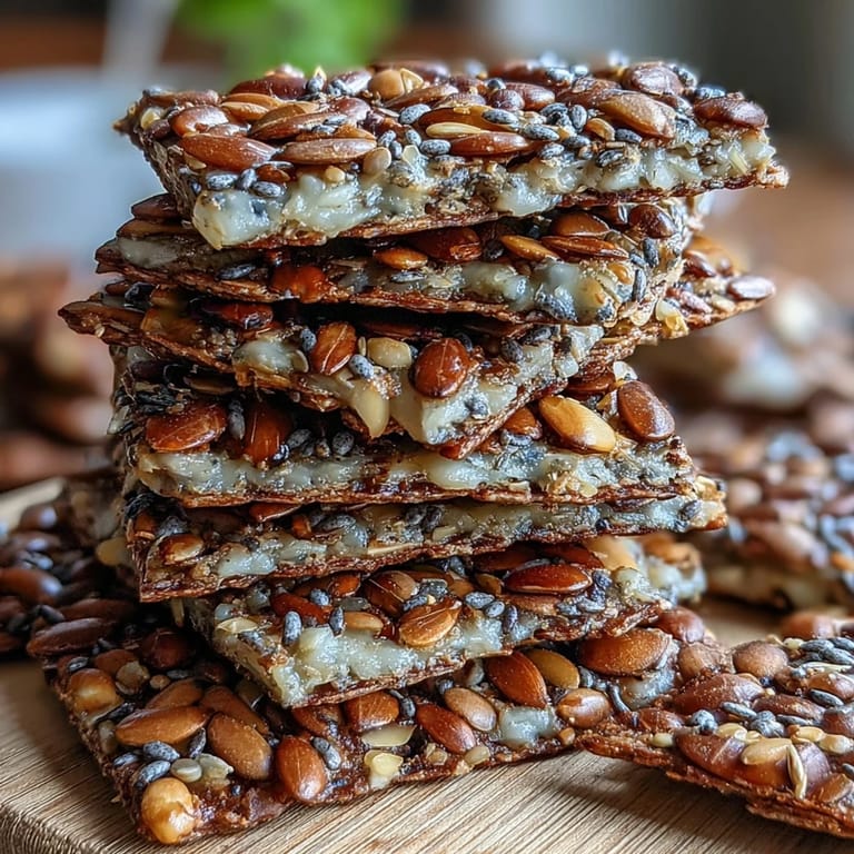 Golden baked seed crackers featuring a blend of chia, flax, and sesame seeds, offering a crunchy, gluten-free snack option.