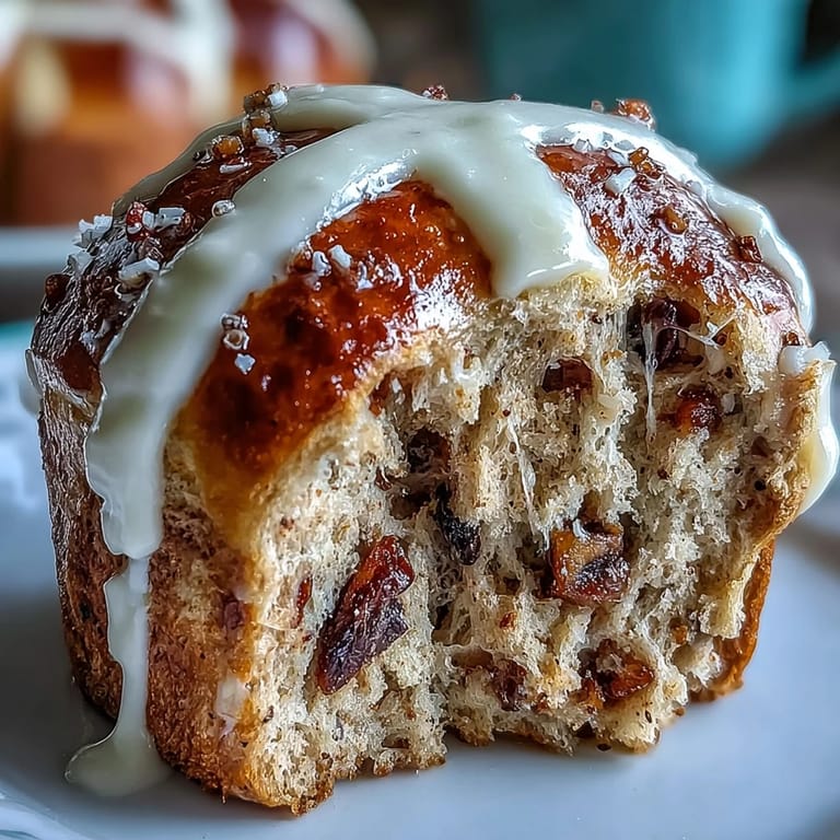 Warm homemade hot cross buns topped with a sweet white cross, ideal for sharing with family and friends.  