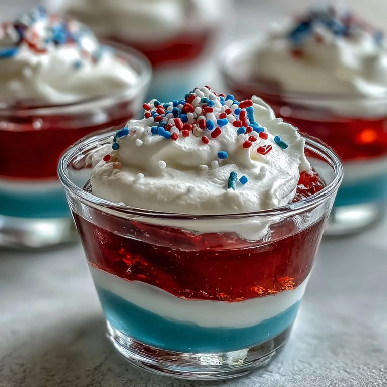 Red, white, and blue layered 4th of July Firecracker Jello Shots sparkle.