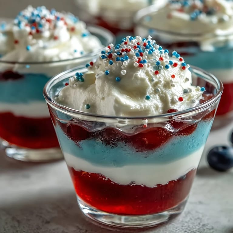 Glistening 4th of July Firecracker Jello Shots with festive patriotic sprinkles await.