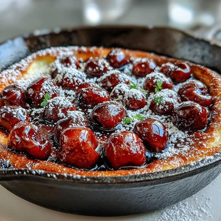 Classic French cherry clafoutis, a comforting vanilla custard dessert with plump red cherries.
