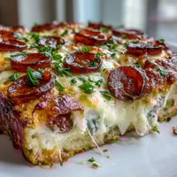 Freshly baked High-Protein Pizza Breakfast Casserole with golden, bubbly mozzarella and turkey pepperoni from the oven.