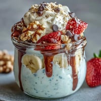 A creamy yogurt and banana split breakfast jar with fresh berries, granola, and chocolate chips in a clear glass.