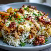 Pineapple Chicken and Rice Casserole with golden cheese topping and juicy pineapple chunks.  