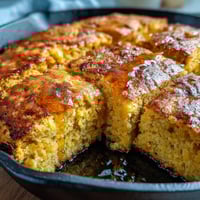 Classic Soul Food Cornbread Skillet with Honey Butter: golden, buttery cornbread baked in a cast-iron skillet, served warm with creamy honey butter for a comforting Southern side.