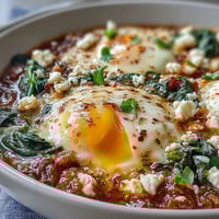 A vibrant skillet of eggs poached in spiced tomato sauce with wilted spinach and crumbled feta, served with crusty bread for dipping.