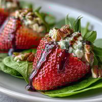 Fresh strawberry spinach salad with creamy goat cheese and toasted pecans, drizzled with tangy balsamic vinaigrette.  