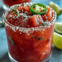 A refreshing Cinco de Mayo mocktail with vibrant watermelon and a subtle jalapeño kick, served over ice in a salt-rimmed glass.  