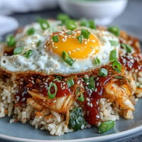 Spicy kimchi cabbage fried rice with a golden fried egg, garnished with sesame seeds and green onions.  