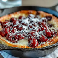 Baked fresh cherry clafoutis bubbling golden brown, studded with sweet fruit.